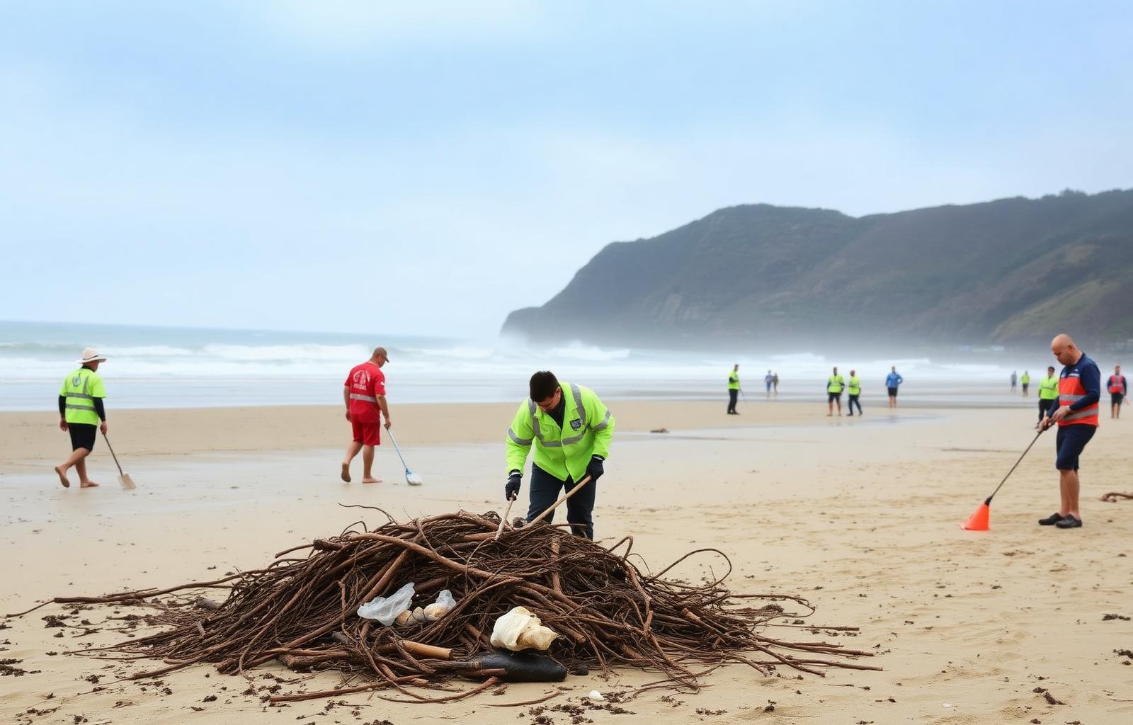 Council crews cleaning storm debris from a Wollongong beach