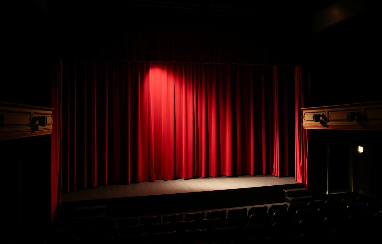 Theatre stage with red velvet curtains under a single spotlight